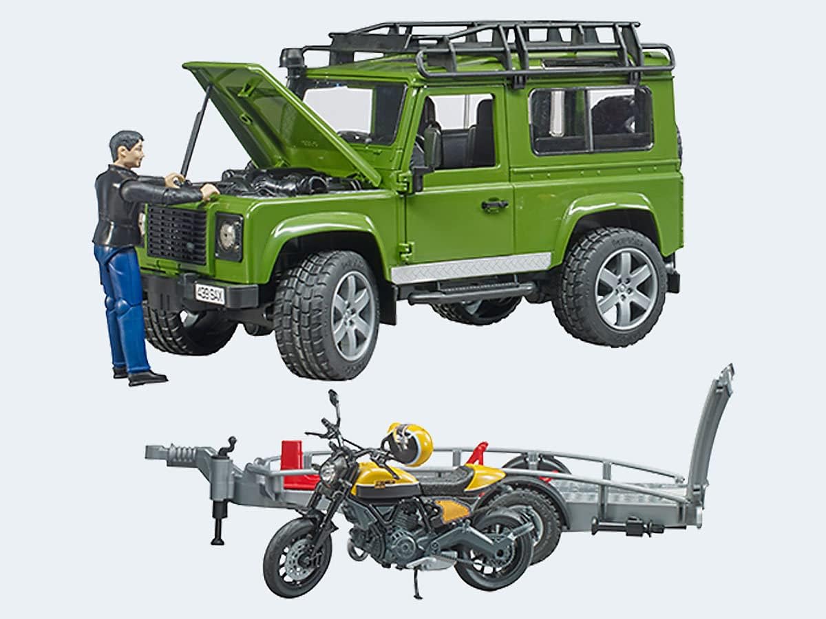 bruder 02589 Land Rover Defender with Trailer, Scrambler Ducati Full Throttle, Driver - 1:16 Pick-up Off-Road Vehicle Jeep Vehicle Motorcycle Bworld Toy Figure