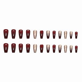 MISUD Press on Nails - Long Coffin Fake Nails with Wine Red, Acrylic Bling Gold Glitter Burgundy Design 24 pcs