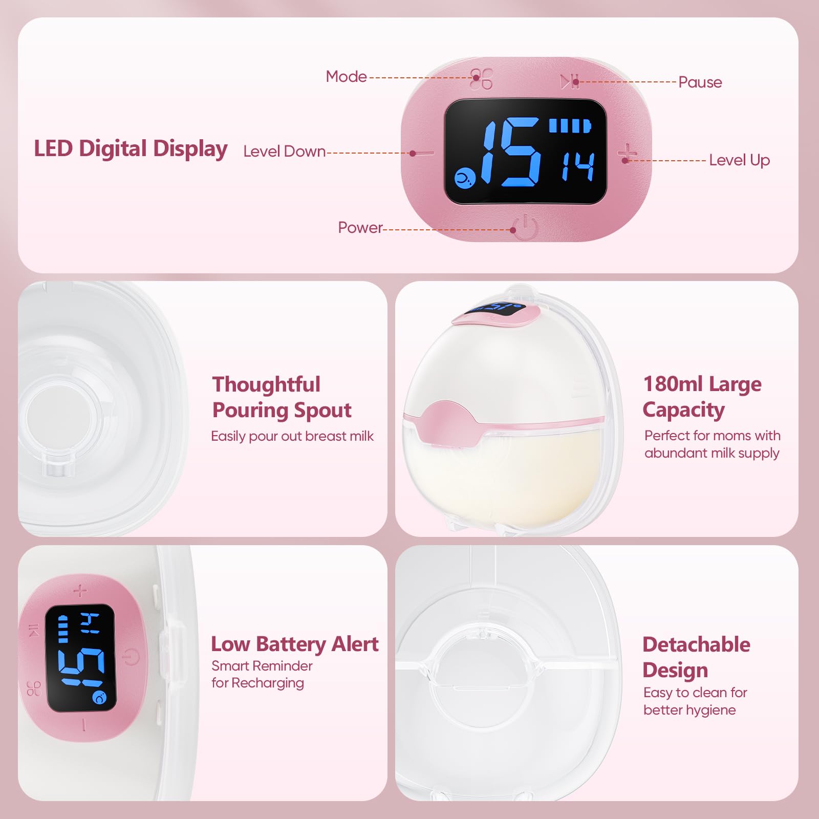 Tiralatte elettrico a mani libere, 2 tiralatte da 180 ml con grande capacità, 3 modalità e 15 livelli; tiralatte portatile con display LED, funzione memoria e spegnimento automatico