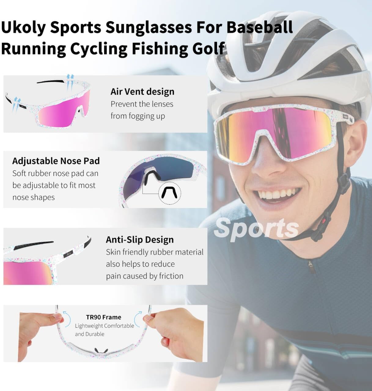 Ukoly Cycling Glasses Running Baseball Fishing Golf Sunglasses For Men Women,Sports Sunglasses HD Lens UV400coating 620 - Image 5