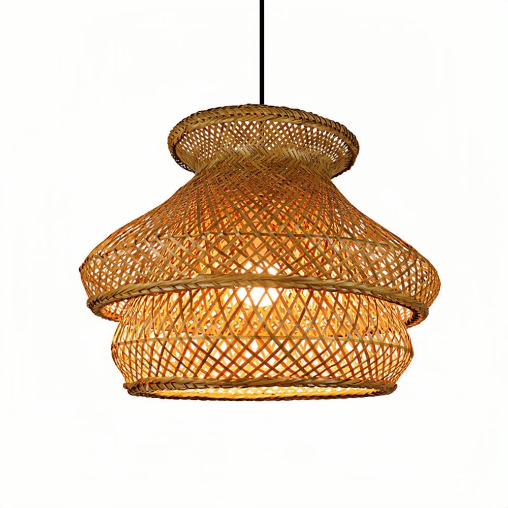 YNAHZAOK Natural Bamboo Wicker Lampshade Japanese-Style Study Tea Room Light Fixture for Kitchen Dining Room Retro Bamboo Weaving Pendant Light Country Style Hand Woven Chandelier for Entryway Foyer