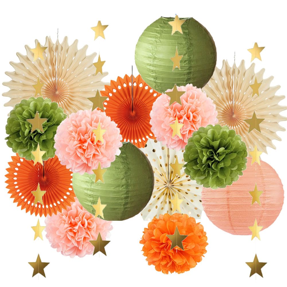 Olive Green and Orange Decor Olive Green and Orange Birthday Decorations Pom Poms Peach and Beige Decor with Gold Star Garland for Peach Baby Shower Bridal Shower Rustic Wedding Party