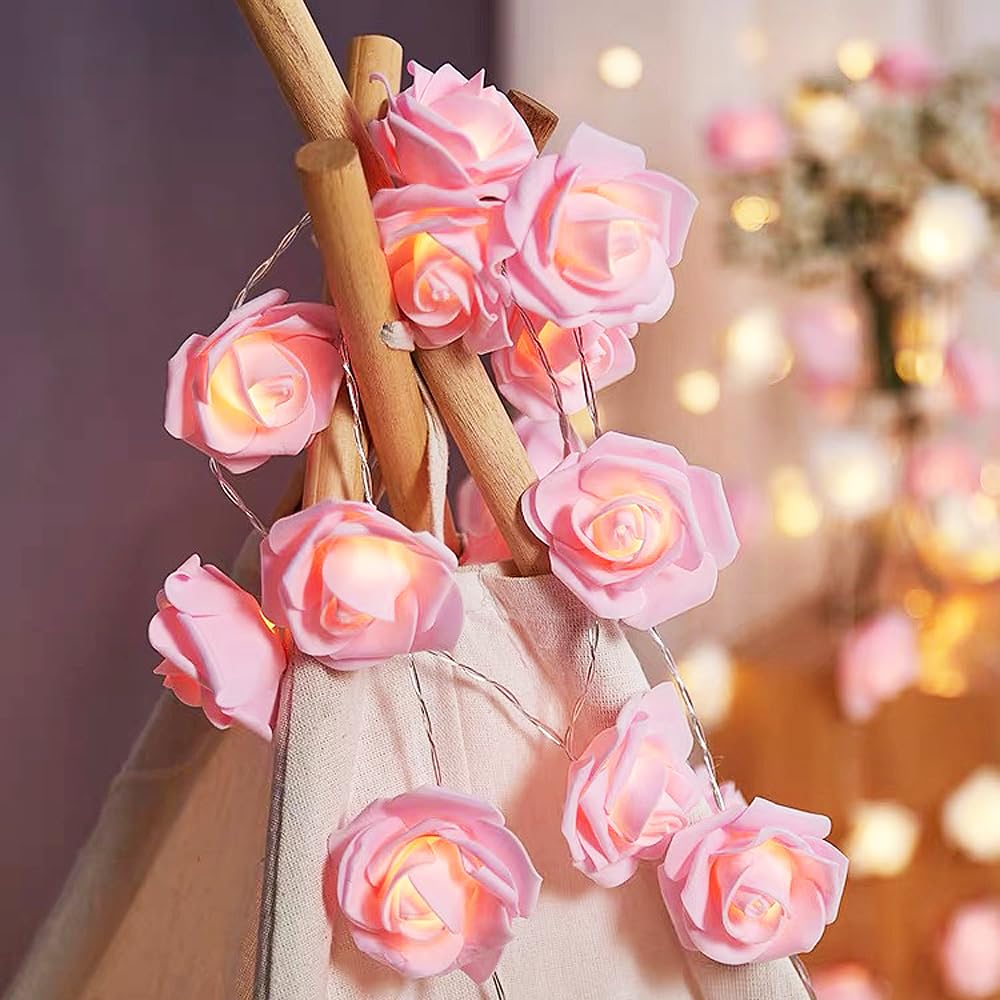 MUCHER Rose Fairy String Lights 3M 20 Indoor Decorative Flower String Fairy Lights with Timer Blossom Lights for Valentine's Day Wedding Home Outdoor Anniversary Party Decorations (Pink)