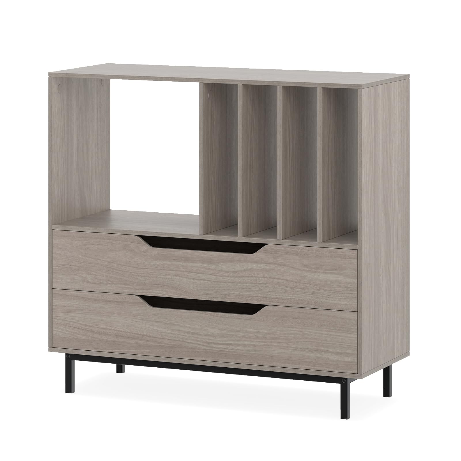 GIANTEX Mobile Porta Dischi in Vinile con Scomparti Aperti e 4 Separatori, Gambe Metalliche e Cassetti, Mensola in Legno per Sala Musica e Soggiorno