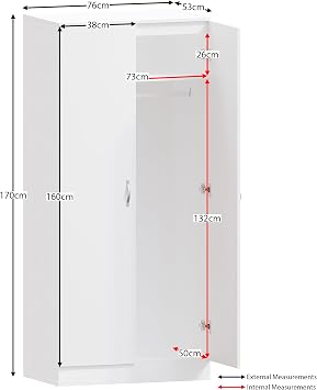 Vida Designs Riano 2 Door Wardrobe | White | Bedroom Furniture | 170H x 76W x 53D cm | with Shelf & Hanging Rail | Large Capacity Storage