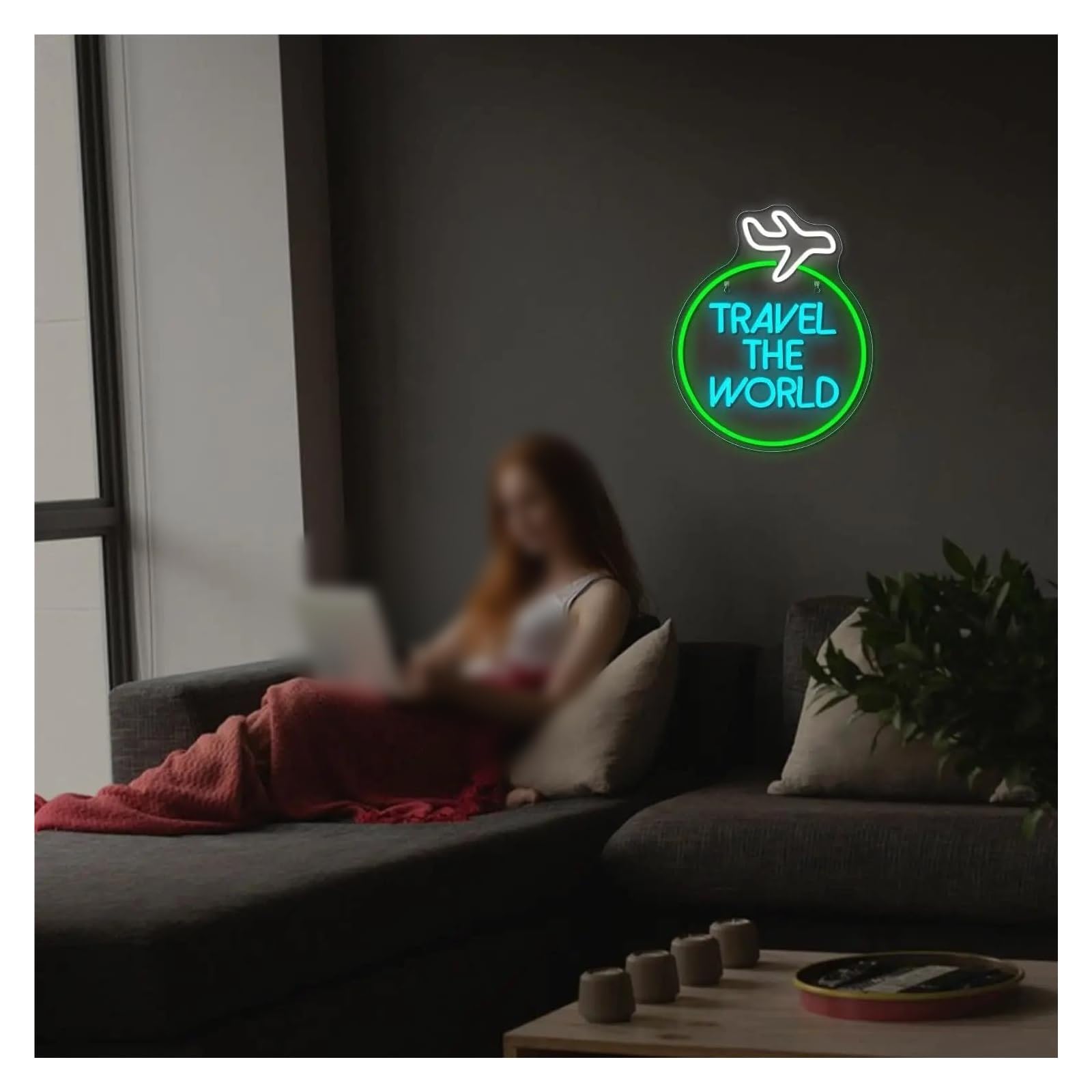 Scritta luminosa Travel The World Neon, Neon Dimmerabile Alimentato Tramite USB, Studio Per Amanti Dei Viaggi, Bar, Arte Murale Per Feste 39.5x32cm