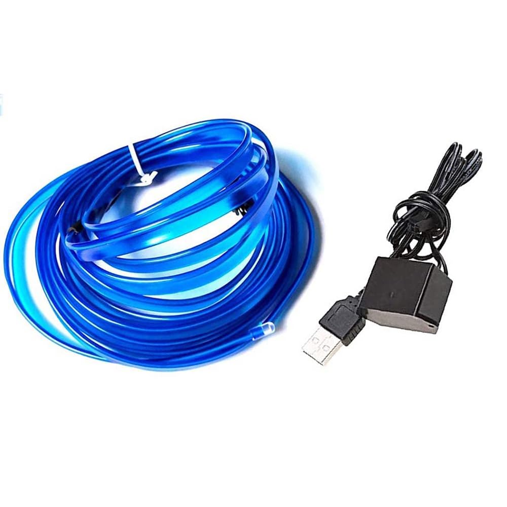 Automaze USB El Wire, 5M Neon Lights 5V with Fuse Protection for Automotive Car Interior Decoration with 6mm Sewing Edge (Blue)
