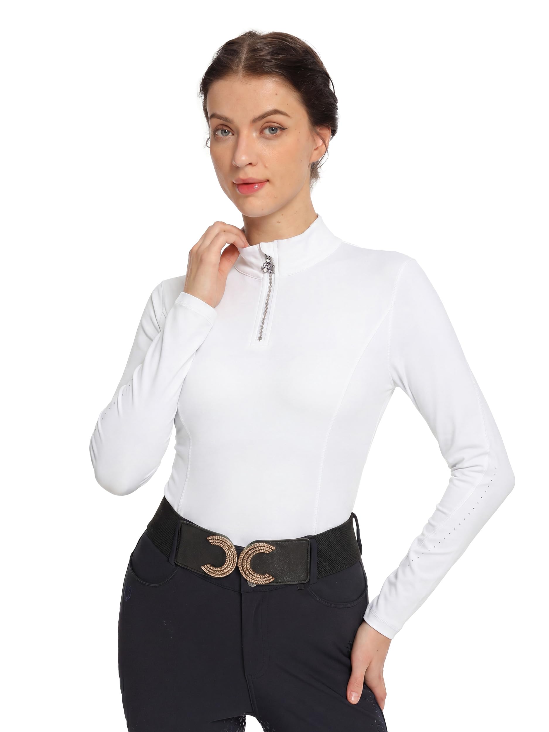 Harrison Howard Camisas de equitación para mujer, manga larga, cuello alto, con bordado