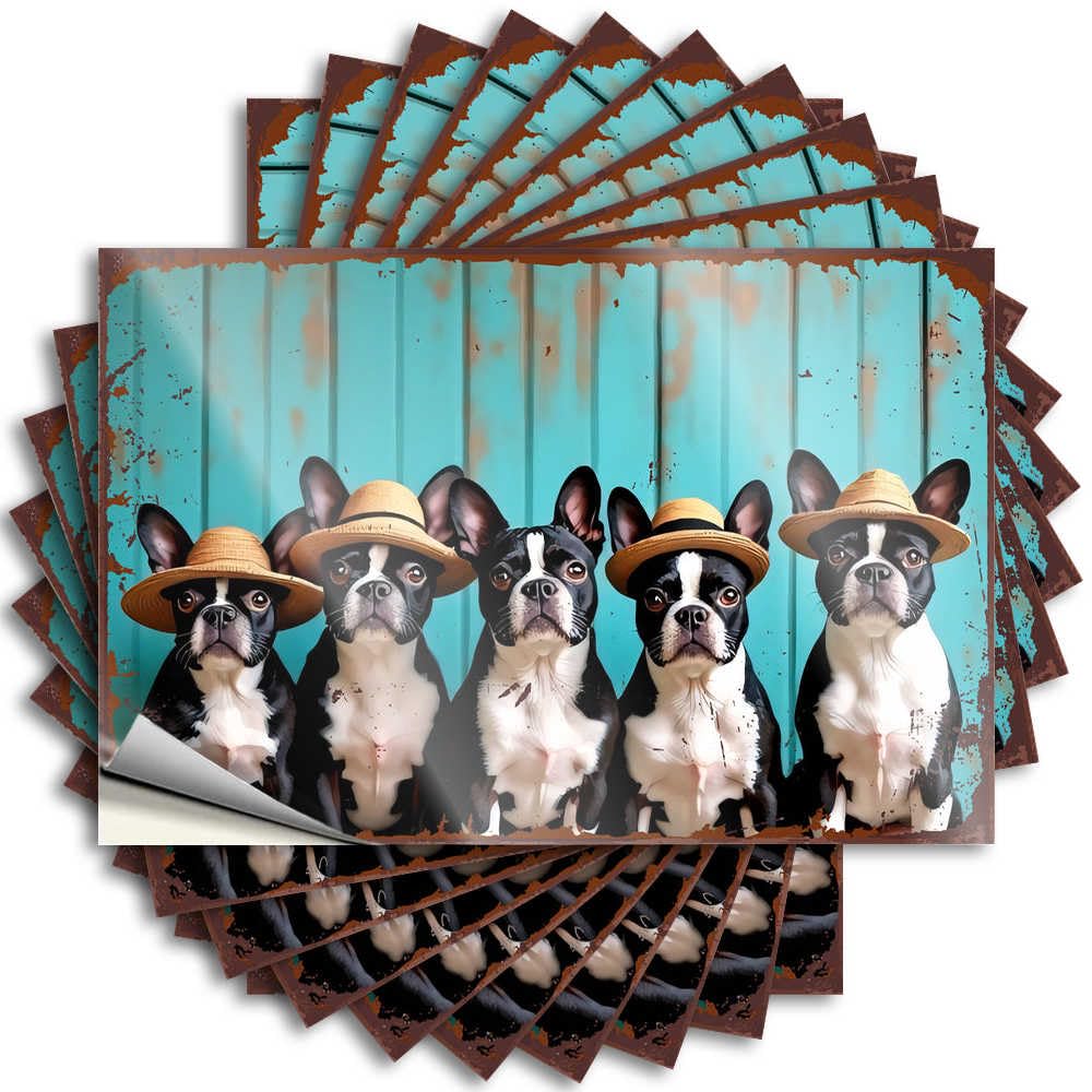 Bumper - Funky Cover Five Stylish Boston Terriers Wearing Straw Hats for Colorful Home Decor Gifts(12X18CM)