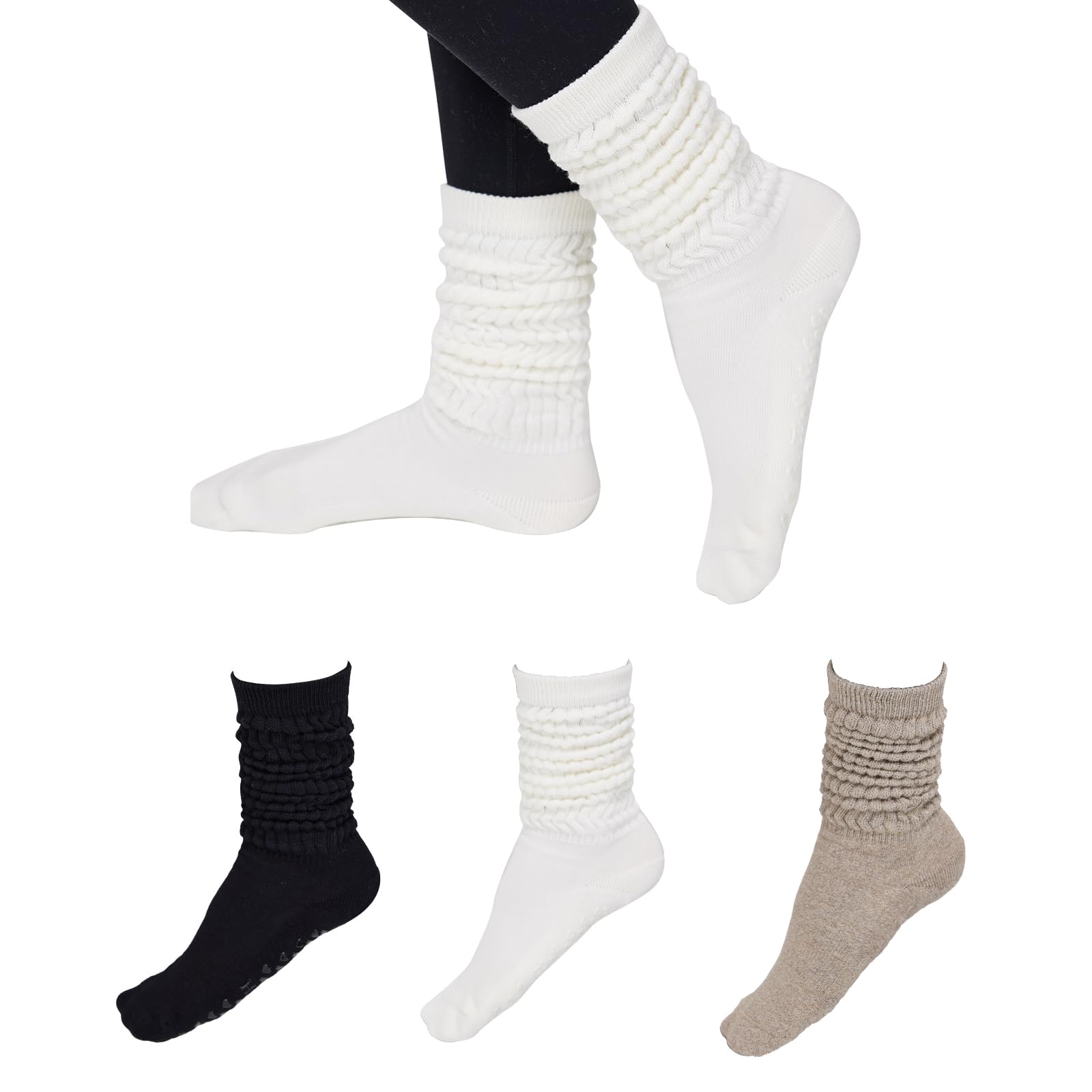 BOYLISH 3 Pairs Grip Pilates Yoga Socks for Women, Non-Slip Slouch Scrunch Socks for Barre Home Studio Hospital Workout