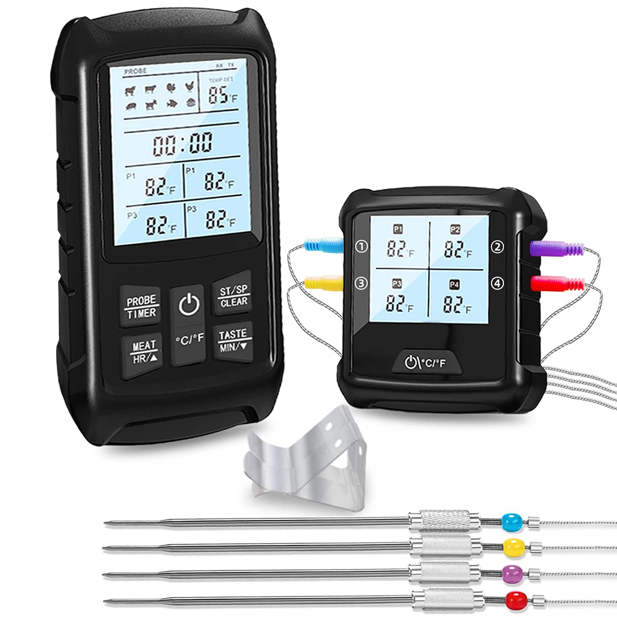 Navidue Meat Thermometer, Wireless Digital BBQ Thermometer with 4 Probes for Grilling, Smoker, Oven and Kitchen, Cooking Thermometer with LCD Backlit and Clock Timer, 350 Feet Range & No APP Required