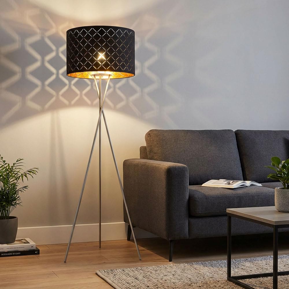 Stehlampe Textilschirm schwarz gold Beistellleuchte 3 Bein Stativleuchte Textil, Nickel matt, E27 Fassung, DxH 62x158 cm