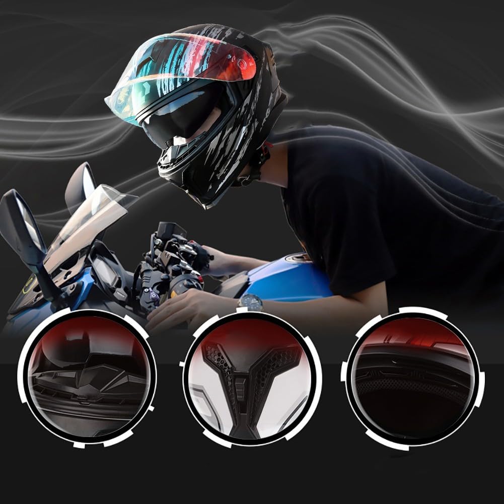 Motorrad Klapphelm mit Bluetooth, Motorradhelm Integrierter Bluetooth-Helm mit ECE Zertifiziert Moped Full Face Helm Rollerhelm Anti-Fog-Doppelspiegel für Damen Herren 54~63cm
