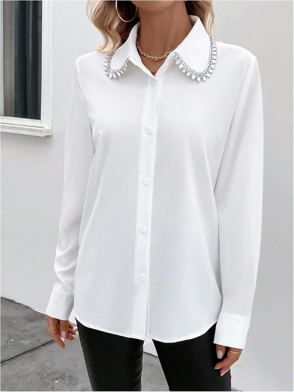 SweatyRocks Women's Long Sleeve Button Down Blouses Rhinestone Decor Work Tops - Image 4