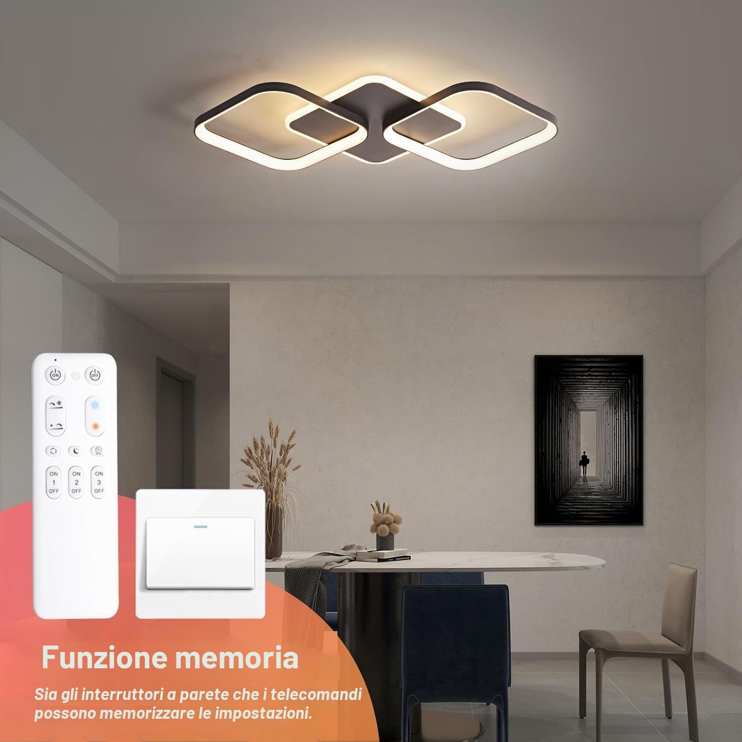 ANTENLICHT Plafoniera LED Soffitto Moderna 40W Dimmerabile con Telecomando 2700-6500K, Funzione di Memoria, Lampada da Soffitto per Soggiorno, Camera da Letto, Sala da Pranzo, Nero 50x50x5cm