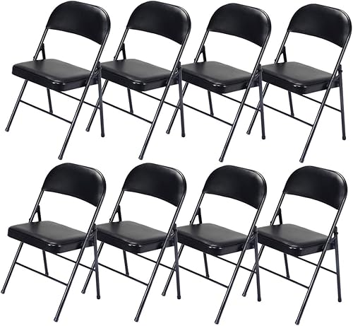 Paquete de 8 sillas plegables negras con asientos acolchados, sillas plegables apilables portátiles para interiores y exteriores, asiento comercial