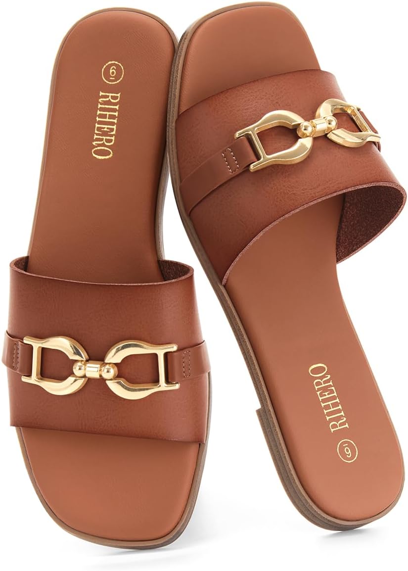 Rihero Women's Flat Sandals Summer Comfortable Square Open Toe Slip On Leather Slide Sandals - Image 6