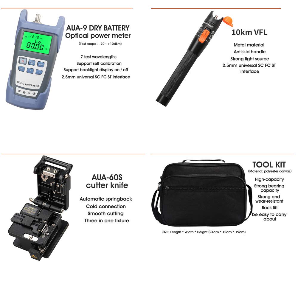 Osairous 16 Stück/Set FTTH Faser-Werkzeug mit Photometer, Glasfaser, AUA-60S, Visueller Fehlersucher 10 km
