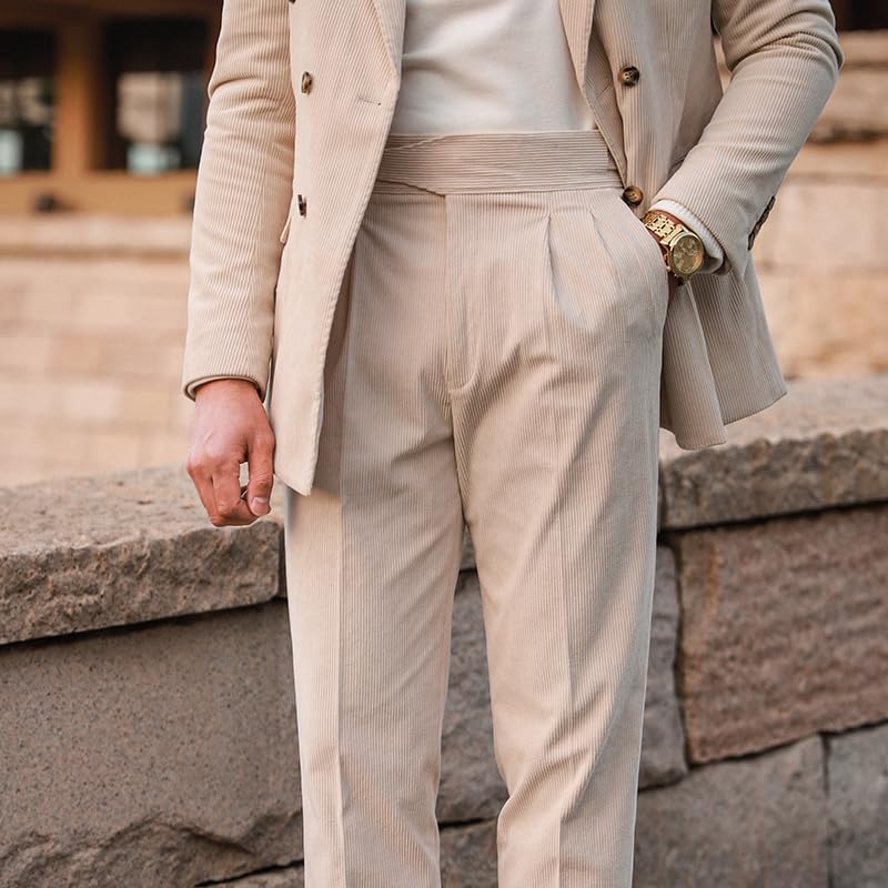 Uohzus Men's Red Corduroy Casual Classic Pants Elastic Waistband Stretch Straight Leg Slacks3