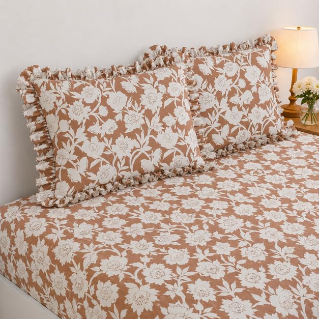 Image of 380 TC Premium Glace Cotton Elastic Fitted Bedsheet King Size with 2 Pillow Covers King Size | Double Bed with All Around Elastic (Brown Floral, Fitted - 72 inchx78 inch King)