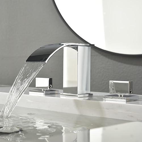 Miniatura 9 de TapLong Grifo de baño de cascada cromado de latón macizo moderno de cascada para lavabo de baño, 3 agujeros, 2 manijas cuadradas, grifo de fregadero