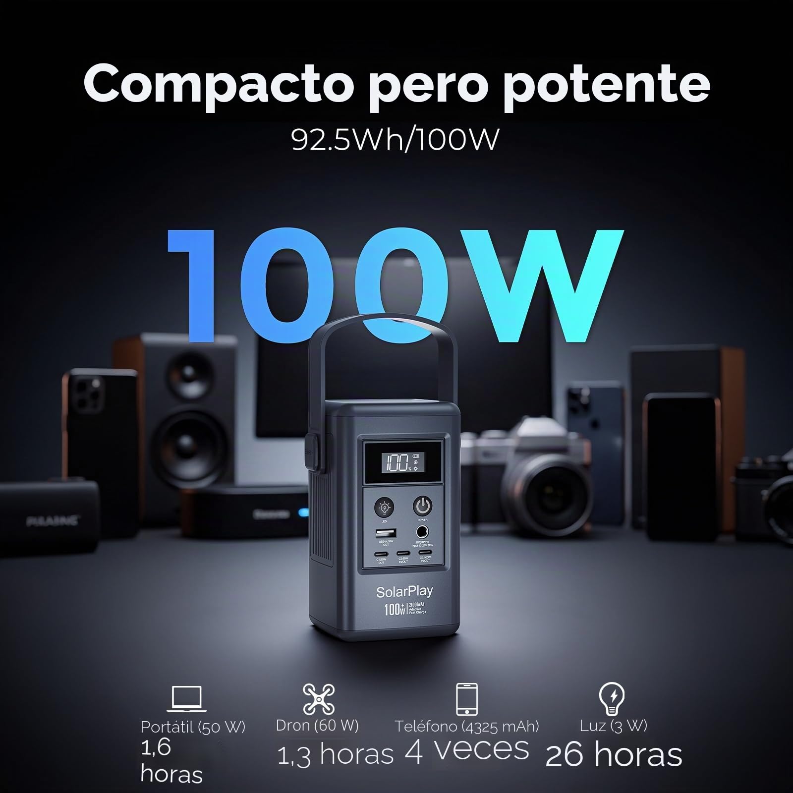 SolarPlay Banco de energía solar de 92.5 Wh, batería externa de 7708 mAh, cargador de teléfono de batería de 100 W, banco de carga para festivales y vacaciones