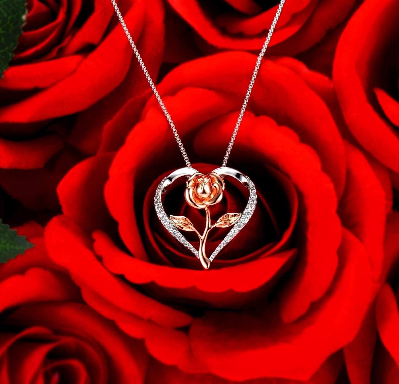 Rose Gold Flower Pendant Necklace with Heart, Silver & Rose. Unique Gift for Mom or Wife, Birthday, Christmas, Mother's Day - Image 2