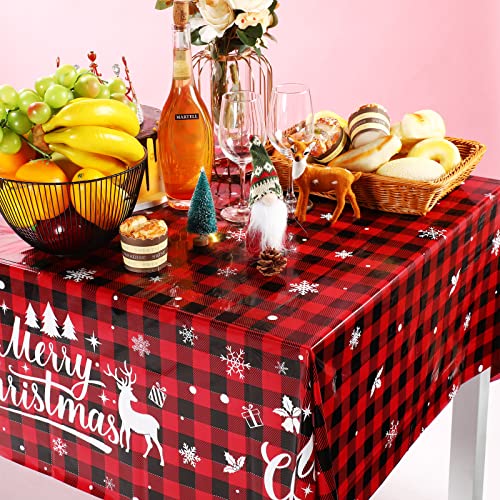 Irenare 3 Pcs Christmas Tablecloth Red and Black Buffalo Plaid Table Cover Merry Christmas Plastic Disposable Snowflake Elk Gingham Table Cloth for Xmas Winter Holiday Party Supplies,54 x 108 Inch – Image 6