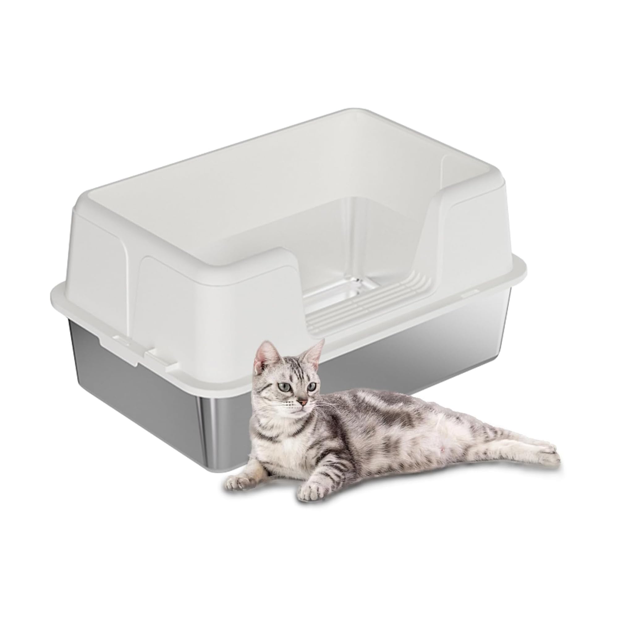 Aptliton Stainless Steel Cat Litter Box with High Sides, Splash Proof Anti-Scratch Metal Litter Tray, Easy Clean Large Cat Toilet with Non-Slip Base for Indoor Kittens Adult Cats, White 50×35×26.5cm