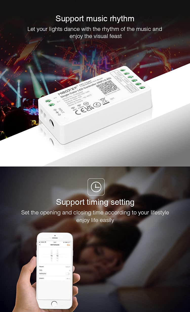LIGHTEU®, Miboxer dimmer controller per strisce LED WiFi monocolore, controllo vocale remoto e controllo APP, nessun WiFi-box necessario, bluetooth 4.2, FUT036W