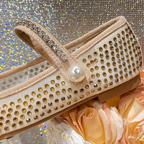 WENJIAZHIZHI Women's Pearl Mary Jane Flats Crystal Square Toe Ankle Buckle Dressy Ballets Flat Shoes Mesh Dress Ballerian Flats4