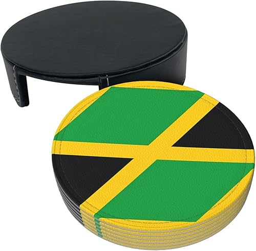 Miniatura 3 de Drink Coasters Set of 6, Jamaica Flag Printed PU Leather Round Coaster with Holder for Outdoor, Office, Bar, Funny Heat-Resistant Home Desk Decor