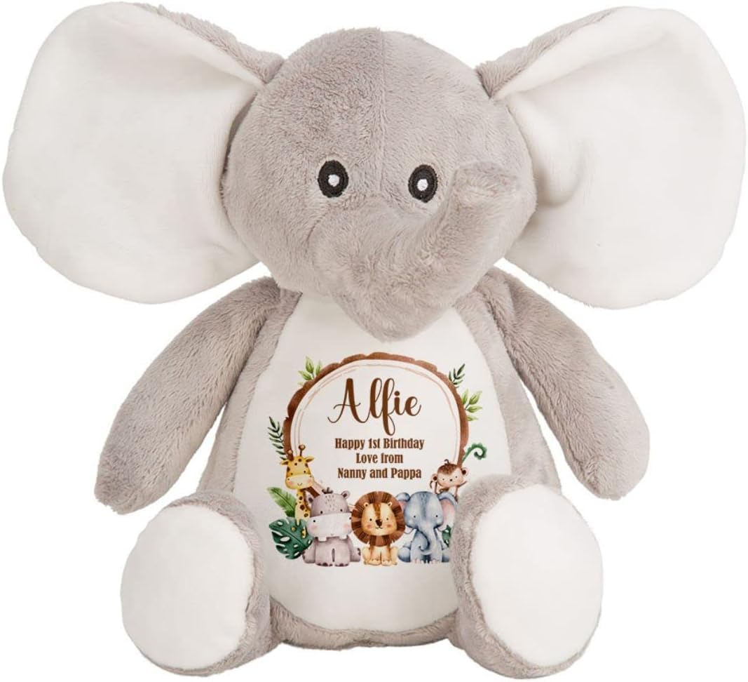 Hoolaroo Personalised Soft Toy Teddy Bear Jungle Design Baby Gift for Boy or Girl Newborn 1st Birthday Present 2nd 3rd 1 year old (Jungle Elephant, Large)