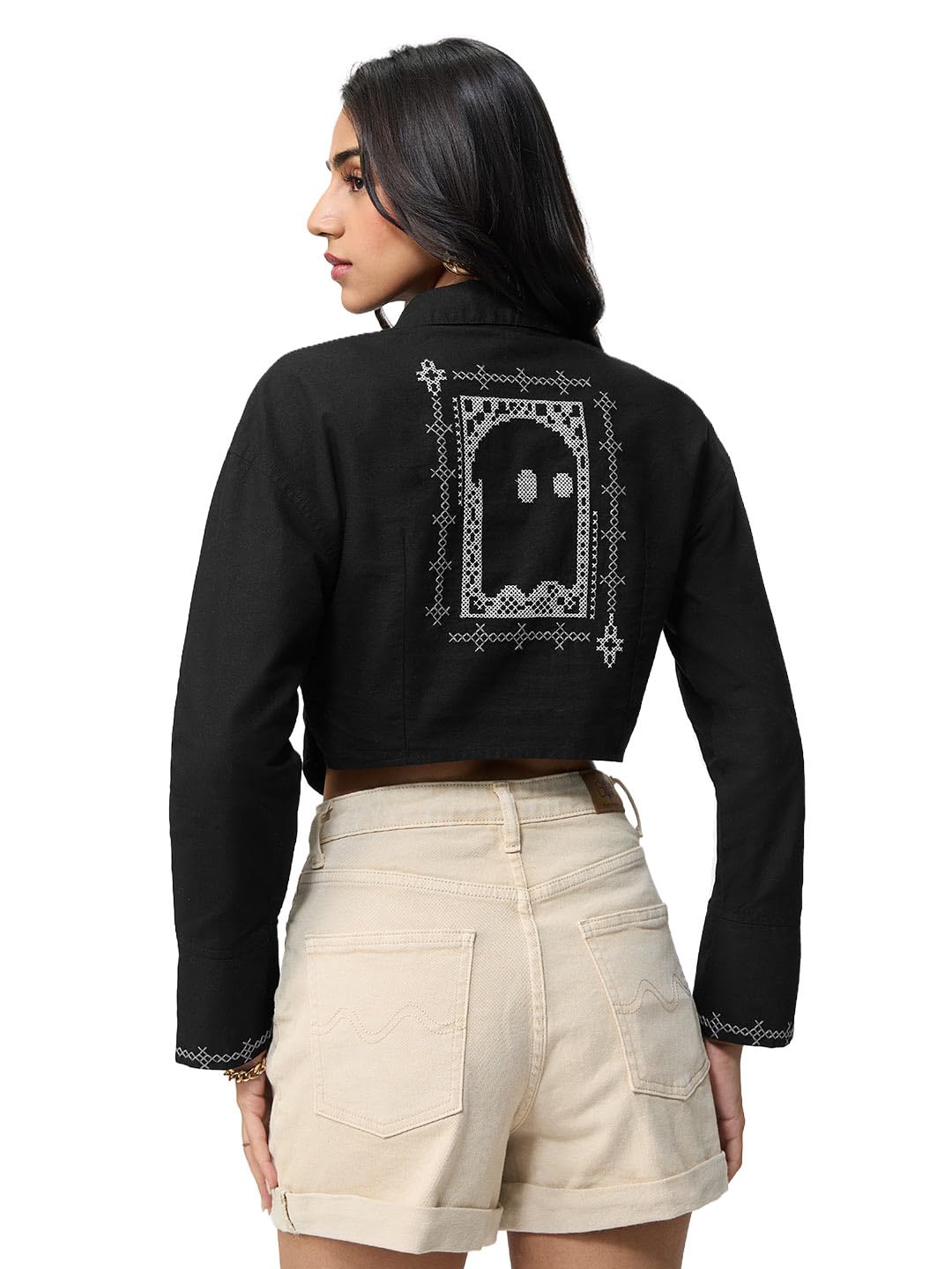 The Souled Store Dark Mystery - Camicia da donna e ragazza a maniche lunghe con colletto largo in cotone e lino ricamato nero, vestibilità oversize, traspirante, leggera, per tutti i giorni