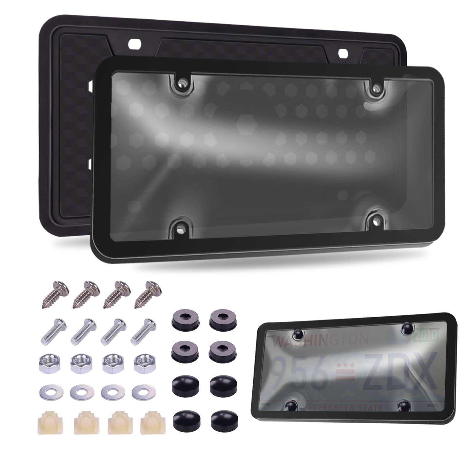 License Plates Covers with Frame, Black Silicone License Plate Frame Combo, Unbreakable Smoked Novelty License Plates Cover Fits Any Standard Us Plates, Dark Design with Screws (Black)