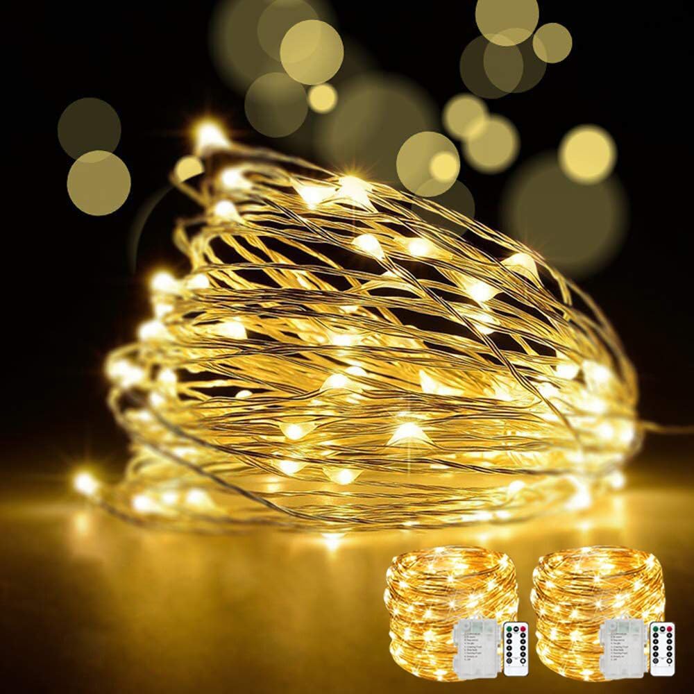 LED Fairy String Lights with Remote Control - 2 Set 100 LED 33ft/10m Micro Silver Wire Indoor Battery Operated LED String Lights for Garden Home Party Wedding Festival Decorations(Warm White)