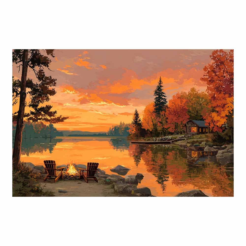 HOQIU Natural scenery wall art Sunset Lake Campfire decorative painting, wall art, for Living Room Bathroom Bedroom Kitchen Decoration.(Multicolor)-30x40cm Unframed