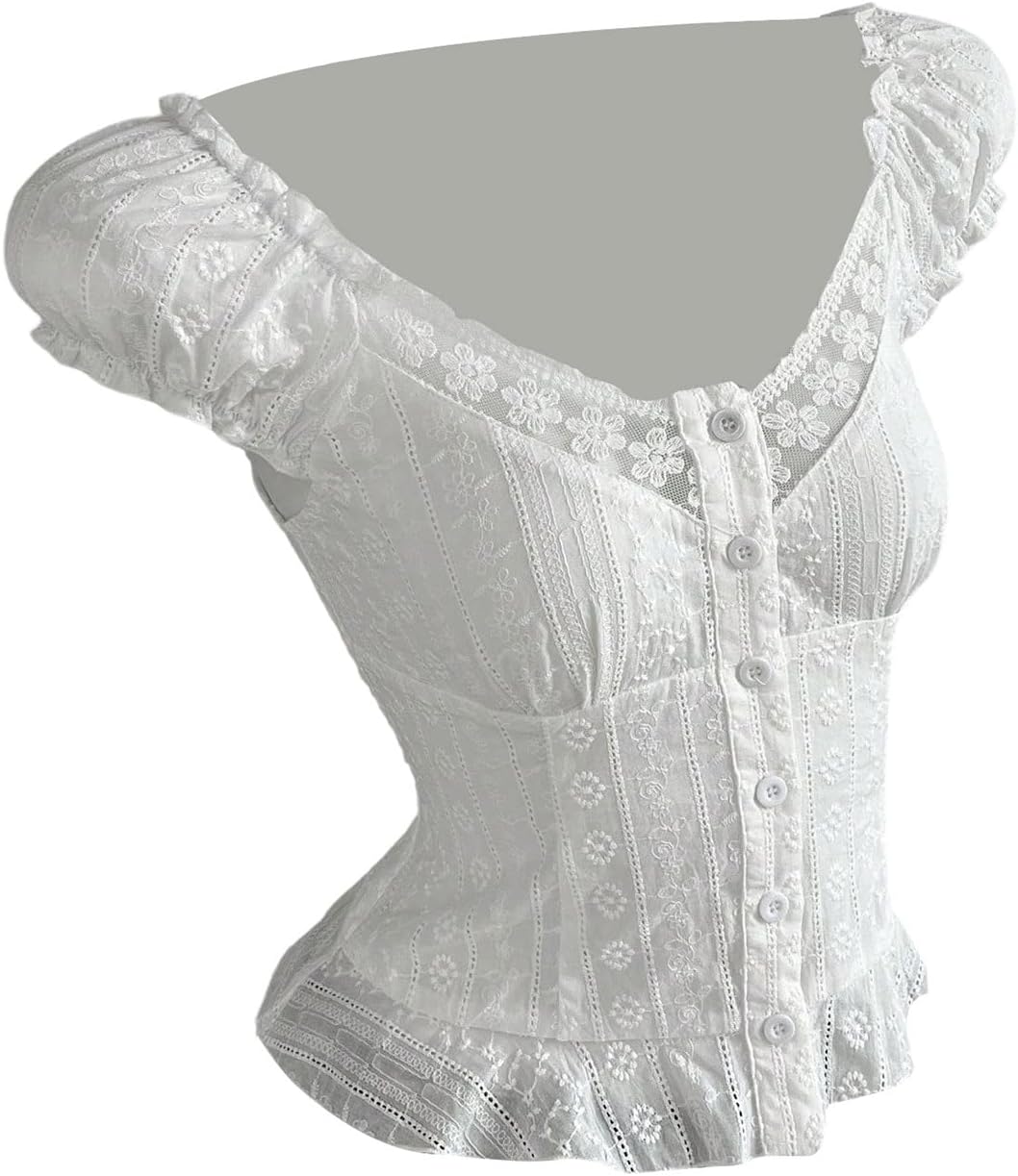 OYOANGLE Women's Blouses Cap Sleeve Eyelet Embroidery Button Up Blouse Y2K Ruffle Hem Fairy Tops