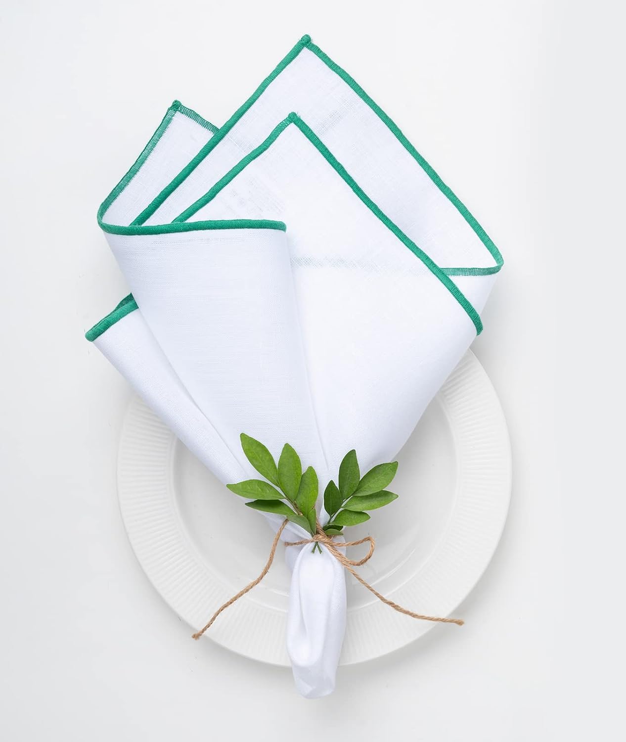 D'Moksha Homes White Linen Napkins with Green Embroidered Trim, Set of 4-20 x 20 Inch, 100% Pure Linen Cloth Napkins White & Green for Dining, Summer - Machine Washable, Father's Day