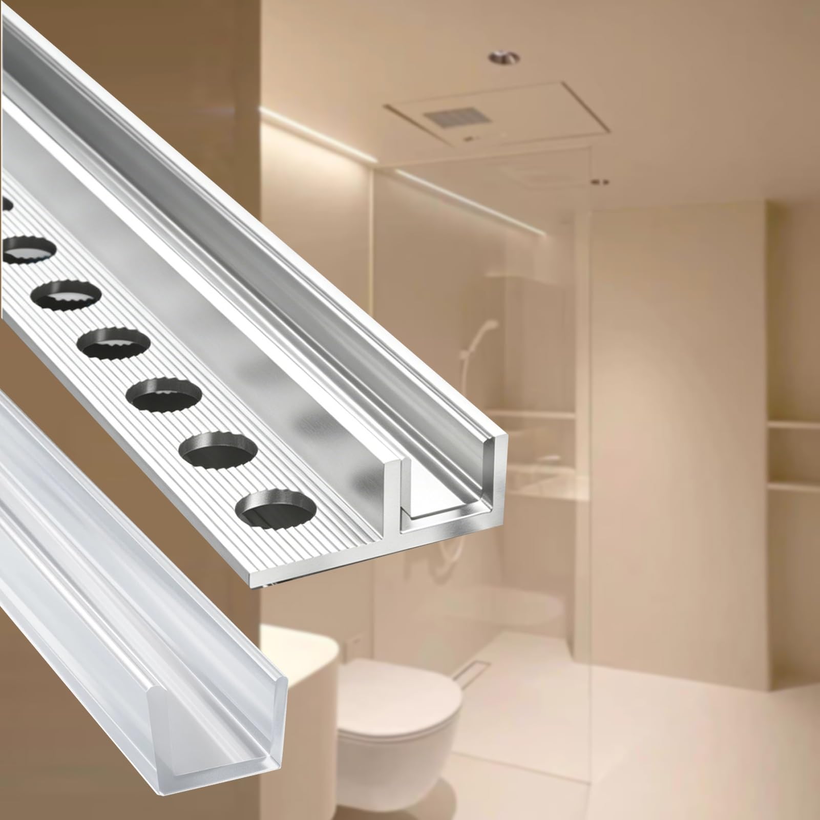 Minglez 8Mm (5/16In) Frameless Shower Glass F-Channel Aluminum Silver, Ceiling Mount Glass Edge Retainer Trim For Bathroom Partition, F-Profile Fixing Slot With Strips(,L2.1m(6.9Ft))