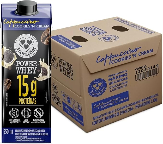 3 Corações Bebida Láctea Cappuccino Power Whey Cookies n'Cream 15g de Proteína com Cafeína 250ml - 12 unidades, Líquido