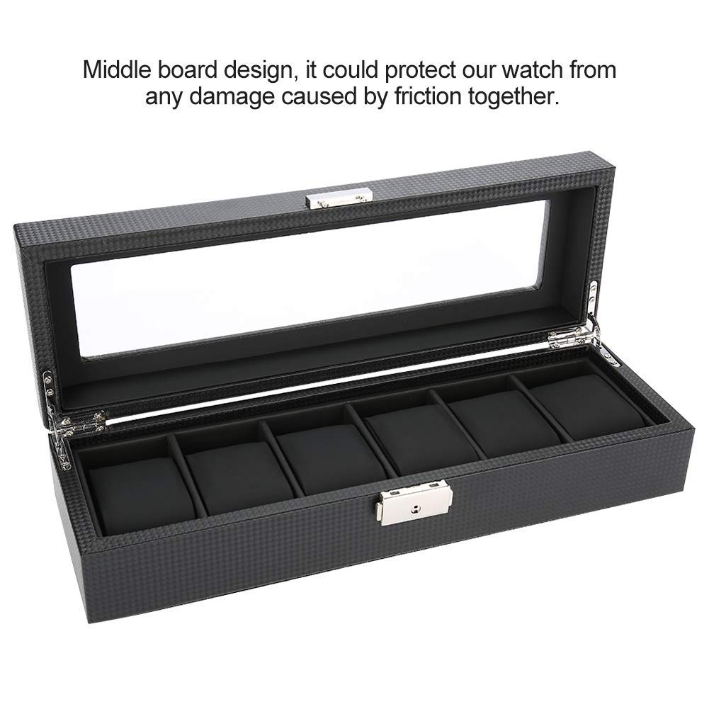 Boîte de montre, 6 grilles boite montre PU support de montre en cuir de fibre de carbone montre-bracelet vitrine boîte de rangement de bijoux pour affichage de montre magasin de détail et stockage
