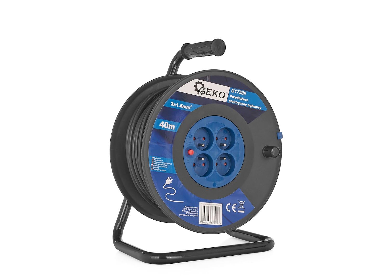 BSD Prolunga Elettrica a Bobina 40m con 4 Prese, Cavo Rame 3x1,5mm2, Ideale per Cantiere e Officina, Manovella per Riavvolgimento, Colore Nero, 7kg