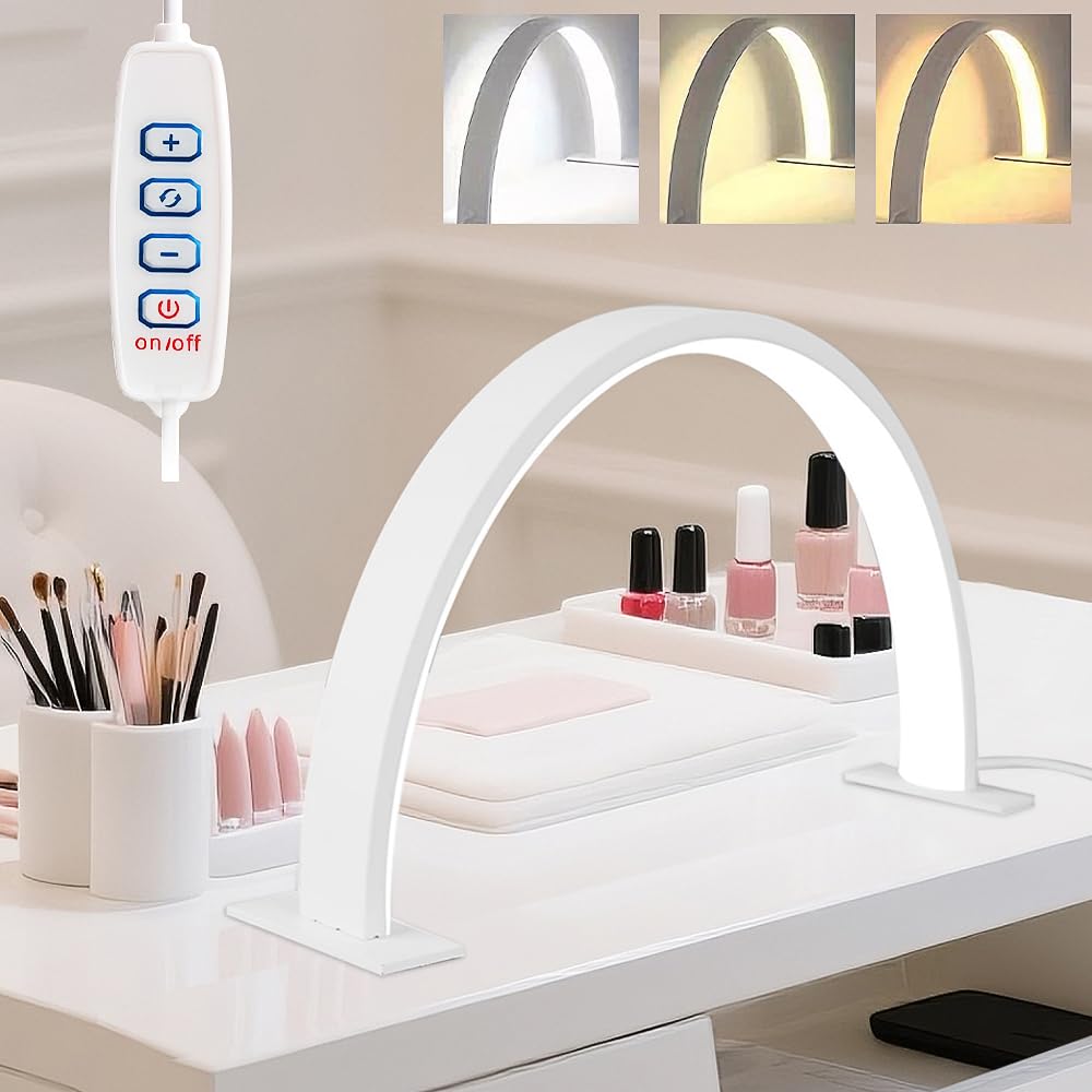 Hojalis Nail Light for Desk, Half Moon Light for Nail Desk, 3 Color Modes and Brightness Nail Desk Light, USB Arch Light for Nail Techs, for Beauty Eyelash Makeup Crafts Reading Salon (White)