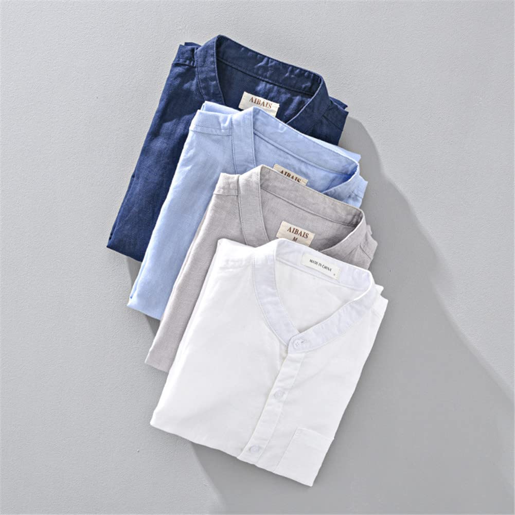 Vsadsau Camisas de lino para hombre, cuello alto, manga larga, color sólido, delgadas, casuales, clásicas, 2033 Azul Oscuro, 3XL