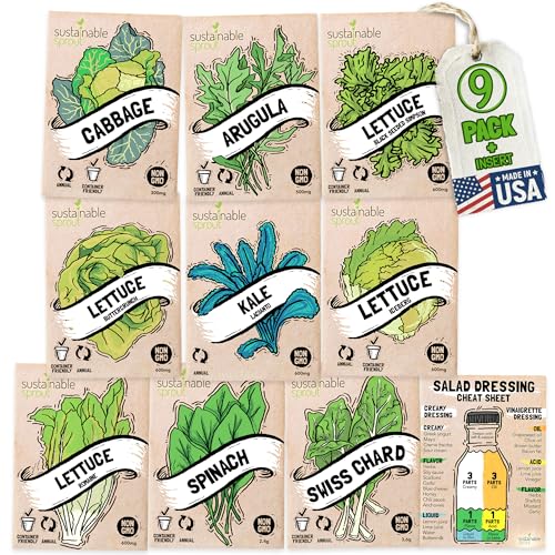Lettuce Seeds for Planting: 9 Salad Greens Seed Packets, Hydroponics Heirloom Lettuce Bibb Romaine Kale Spinach Cabbage Swiss Chard Arugula Vegetables Variety Pack 100% Non-GMO by Sustainable Sprout