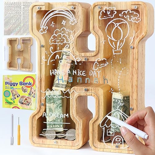 Mikytoper Letter Money Box for Kids Large Wooden Personalized A-Z Piggy Bank Clear Alphabet Money Bank Coin Bank for Gift Decoration Baptism (H)