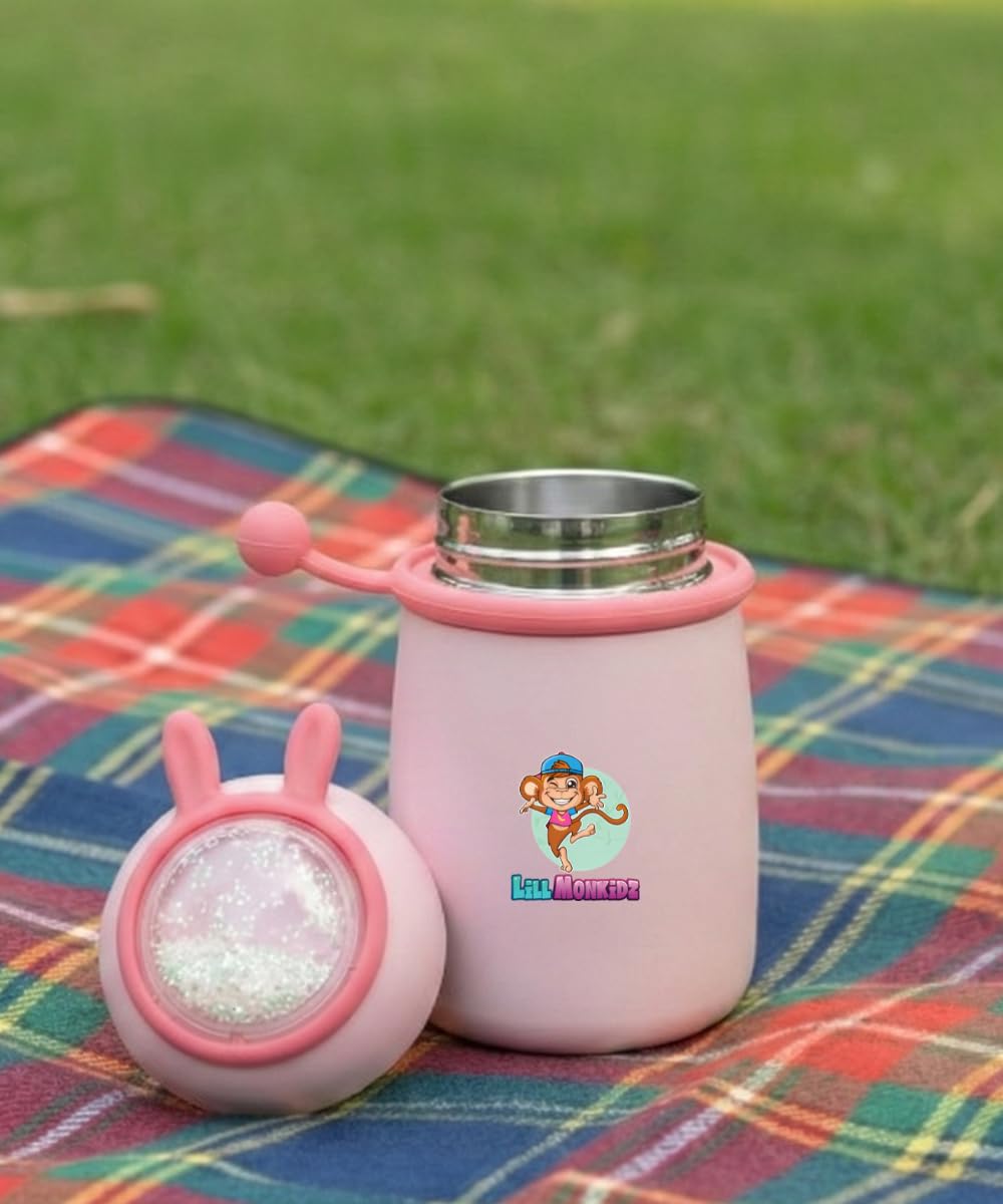 Vacuum Insulated Food Jar for Baby/Kids 350ml, Thermos Flask Keeps Food Warm for Up to 10 Hrs, Small Hot Box As Multipurpose Container for Storing (Full Pink Bunny)