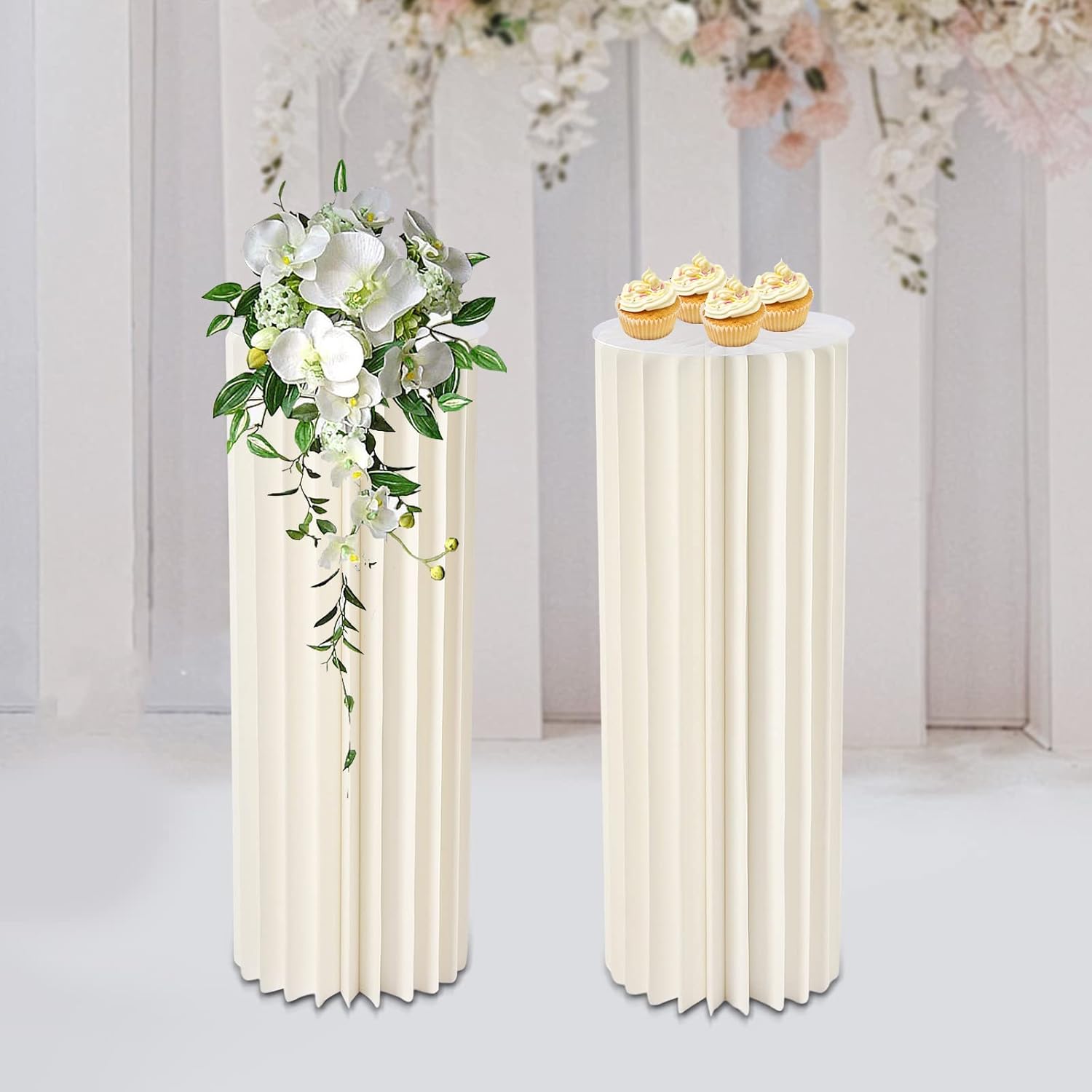 2PCS 31.5in Tall Cylinder Pedestal Stands - Foldable Cardboard Centerpiece Display, Cylinder Flowers Stand, Dessert Table Pillars for Wedding, Party Decor | Milky White Round Pillars with PVC Plates