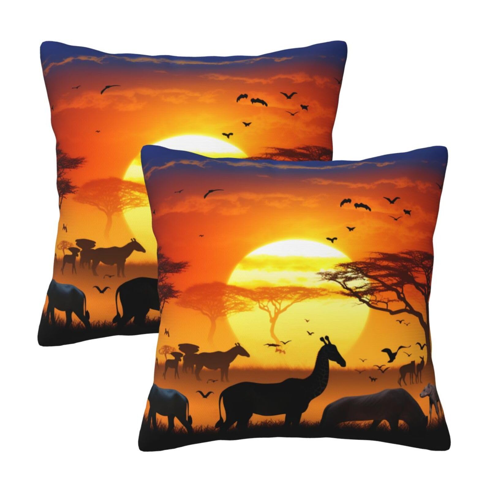 Sunset animals Throw Pillow Cases 2 Pack Square Pillowcases Soft Pillow Protectors for Couch Livingroom Sofa Bed Office Car,30x30 CM